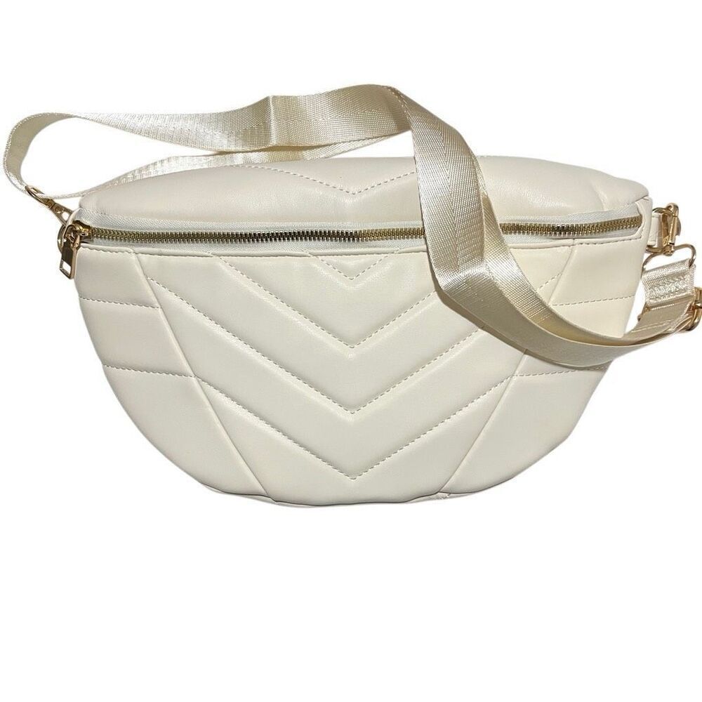 New XL Quilted Chevron Waist bag Fanny Pack Cream Ivory unisex vegan leather